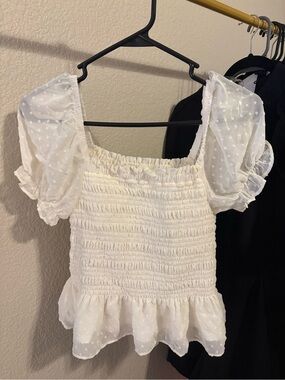 Moa Moa White Swiss Dot Smocked Puff Sleeve Peplum Top